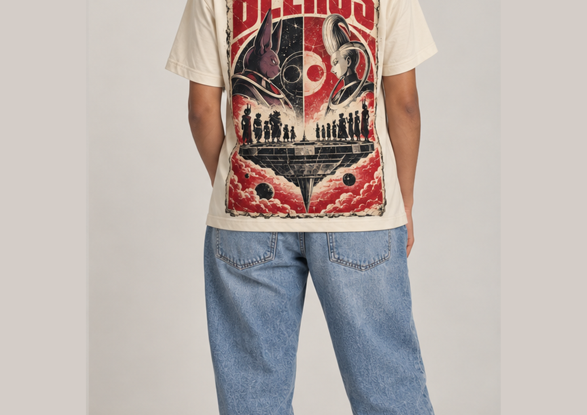 Camiseta Dragon Ball Beerus Torneio Cartaz Vintage Era Beerus Dry-Fit Premium Unissex — modelo costas
