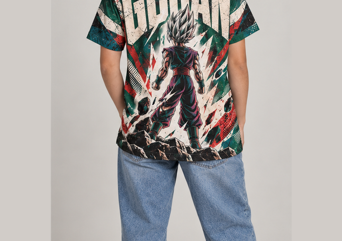 Camiseta Dragon Ball Gohan Beast Construtivista Era Beerus Dry-Fit Premium Unissex — modelo costas