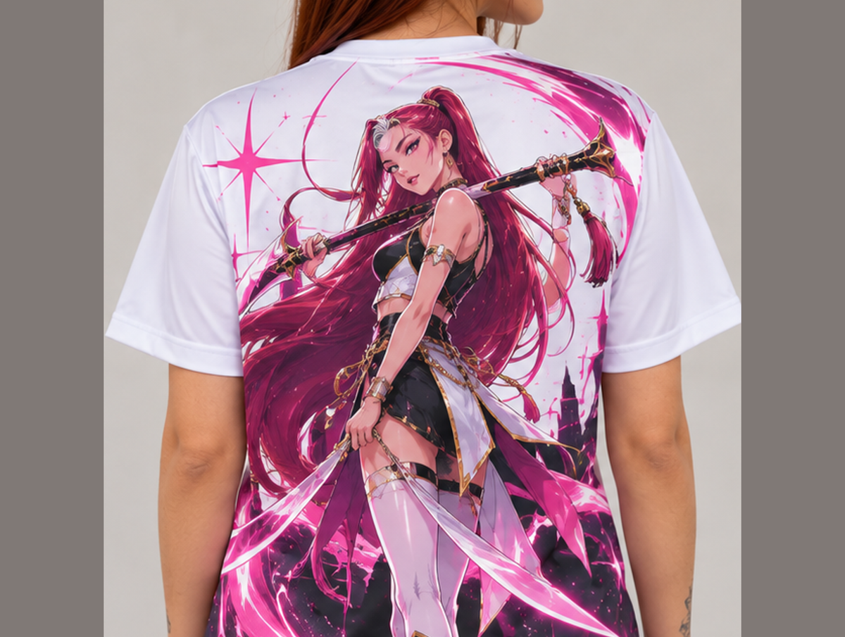 Camiseta K-Pop Demon Hunters Mira Gokdo Guerreiras do K-Pop Dry-Fit Premium Unissex — modelo costas