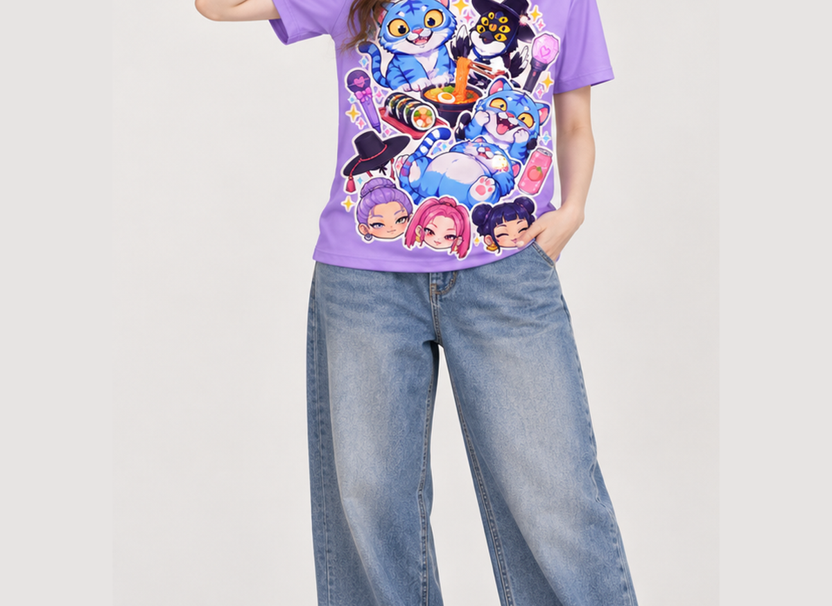 Camiseta K-Pop Demon Hunters Derpy e Sussie Caos Guerreiras do K-Pop Dry-Fit Premium Unissex — modelo frente