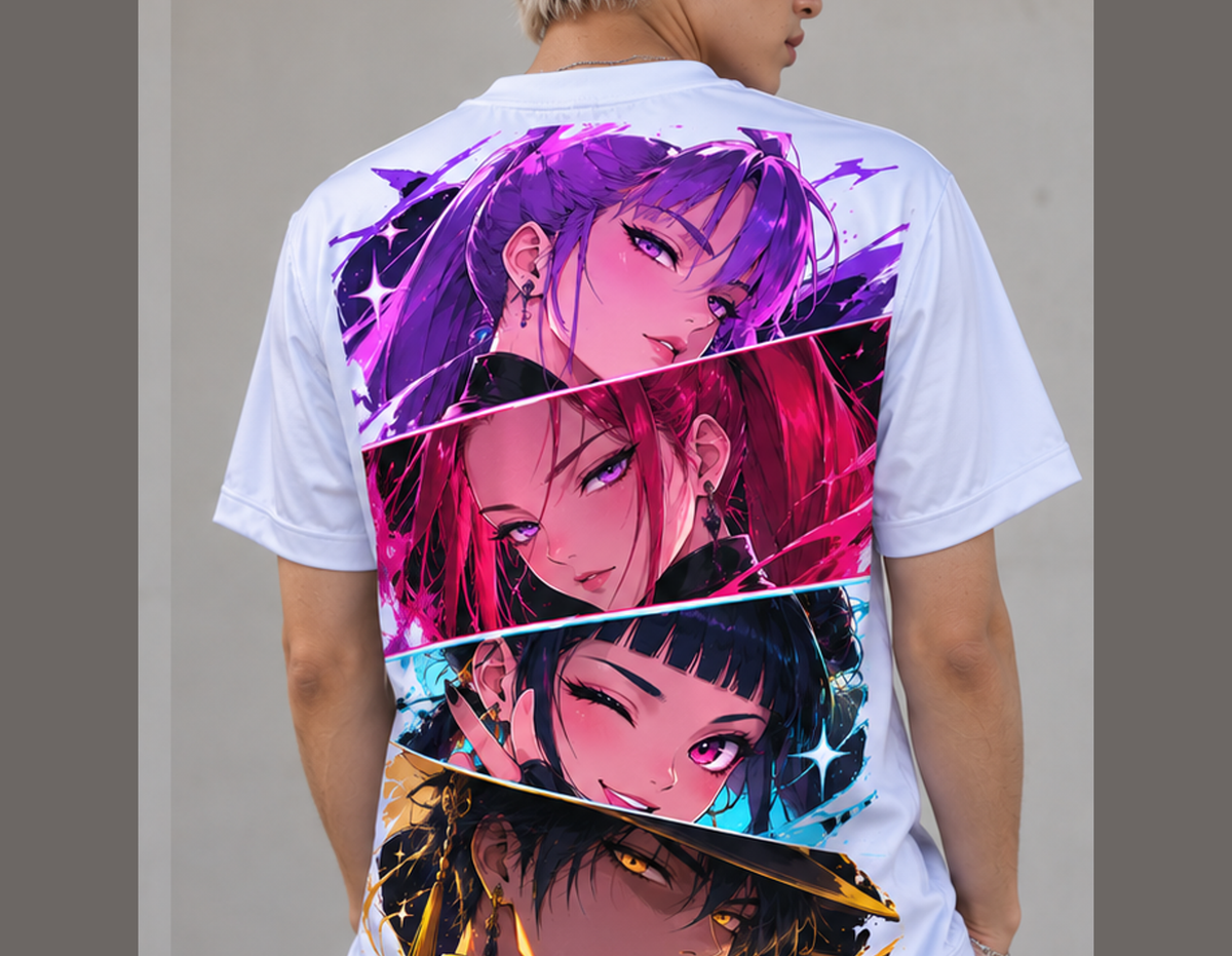 Camiseta K-Pop Demon Hunters Olhares Huntrix Guerreiras do K-Pop Dry-Fit Premium Unissex — modelo costas