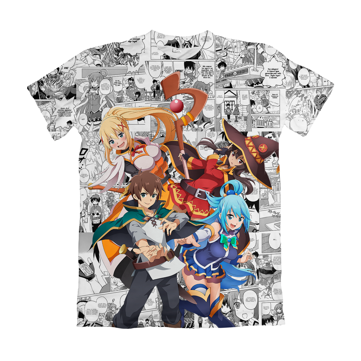Camiseta Konosuba Turma Mangá Branco Dry-Fit Premium Unissex