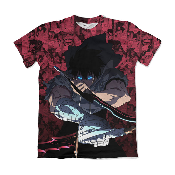 Camiseta Solo Leveling Sung Jinwoo Olhos Azuis Fundo Mangá Vermelho