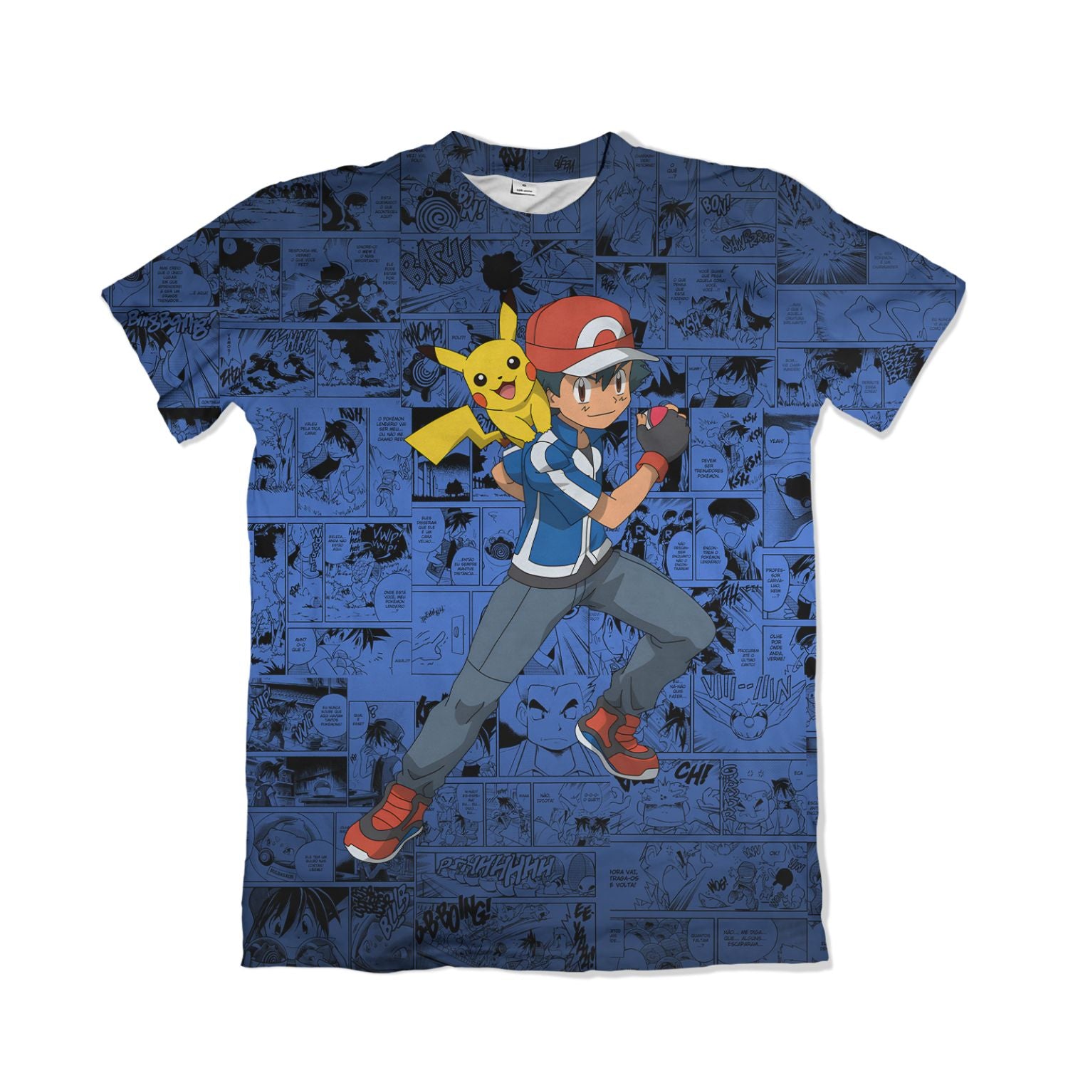 Camiseta Pokemón - Ash e Pikachu B, Mangá - Azul