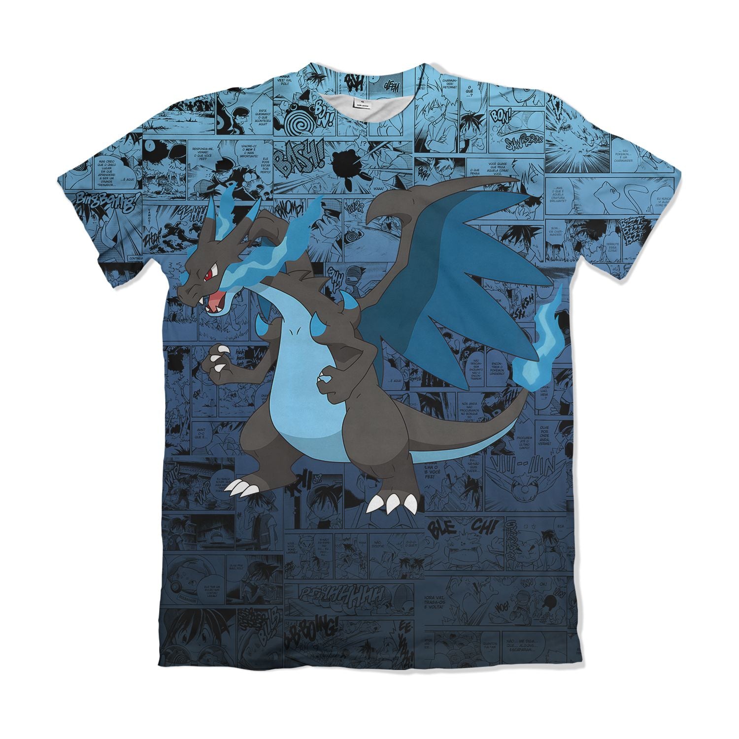 Camiseta Pokemón - Mega Charizard X, Mangá - Azul