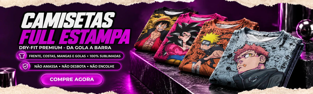 Camisetas dry-fit com estampa full, da gola a barra, em quatro estampas de anime dobradas
