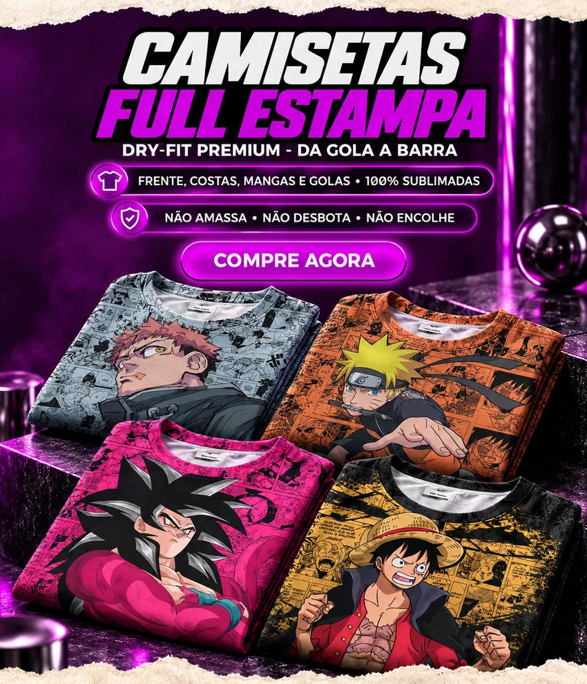 Camisetas dry-fit com estampa full, da gola a barra, em quatro estampas de anime dobradas